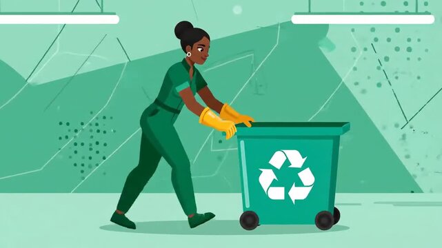 Animated Recycling Worker Pushing Bin Towards A Sustainable Tomorrow In Green Setting