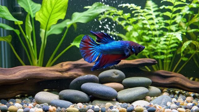 Colorful Betta Fish Swimming Gracefully in Aquatic Plants