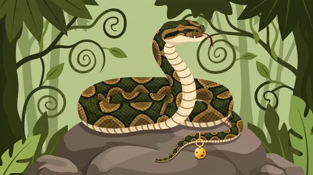 Animated Snake With A Golden Pendant, Relaxing In The Jungle Environment