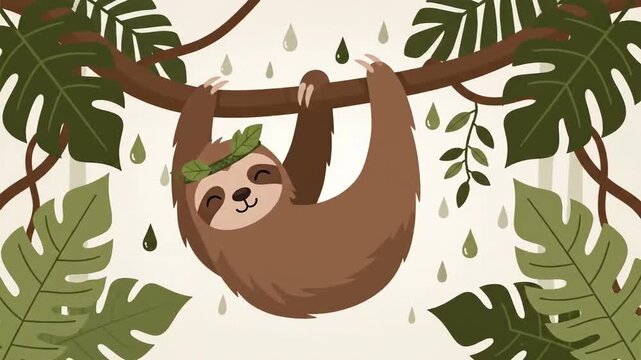 Adorable Sloths Hanging From Jungle Branches With Exotic Flora Depicted in Vector Art