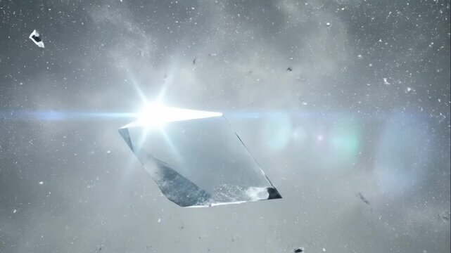 Abstract 3D animation of a glass crystal shattering in slow motion. Exploding ice or diamond shards flying with debris and particles on a grey background. Destruction and impact concept