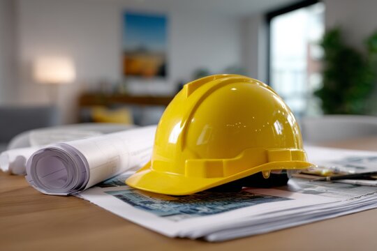 Construction planning and safety concept with yellow helmet on blueprints