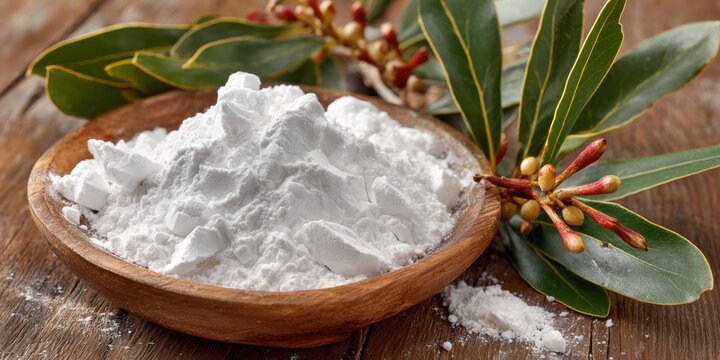 Close up shot of fresh arrowroot powder in wooden bowl