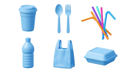 A collection of single-use plastic items, including a bottle, cup, and food containers, representing plastic pollution