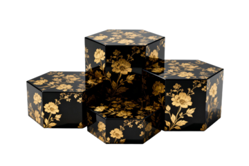 Set of Black and Gold Floral Hexagonal Boxes