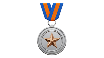 A stylized 3d render of a silver medal featuring a bronze star and a blue and orange ribbon