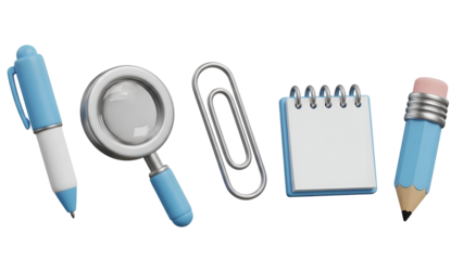 A set of 3d rendered cartoonish office supplies including pen, pencil, paper clip, magnifying glass, and notebook.