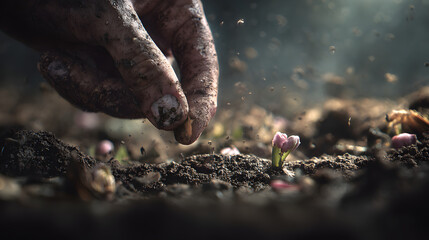 close up of a male hand holding a seed of soil, 