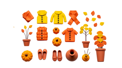 A collection of stylized autumn essentials including clothing, pumpkins, and plants