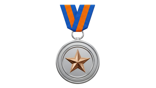 A stylized 3d render of a silver medal featuring a bronze star and a blue and orange ribbon - Powered by Adobe