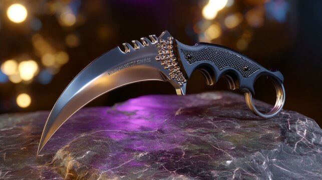 Dramatic tactical karambit knife with curved blade on stone surface in low light setting