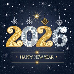 free New silver or Golden latter happy new year 2026 text and numbers with falling confetti isolated on colorful background