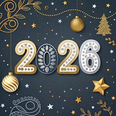 free New silver or Golden latter happy new year 2026 text and numbers with falling confetti isolated on colorful background
