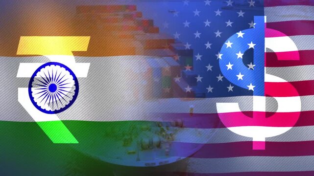 India&ndash;US Flags with Dollar and Rupee Symbols Animation