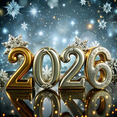 free New silver or Golden latter happy new year 2026 text and numbers with falling confetti isolated on colorful background
