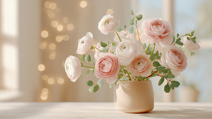 テーブルに飾られた上品なラナンキュラスの花と柔らかな空気感