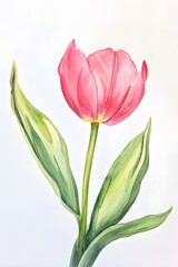 Fototapeta premium Pink tulip flower with green leaves watercolor painting