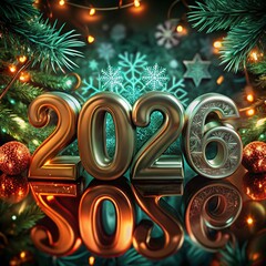 free New silver or Golden latter happy new year 2026 text and numbers with falling confetti isolated on colorful background