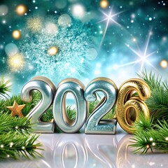 free New silver or Golden latter happy new year 2026 text and numbers with falling confetti isolated on colorful background