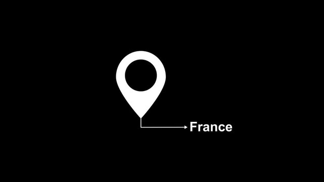 Abstract location of the city of France on black screen. The name of the place with the location icon animation. Country GPS location tracking icon. location pin appearing.