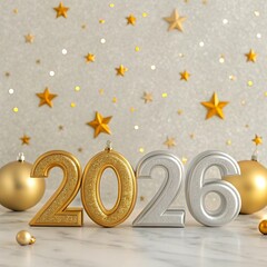 free New silver or Golden latter happy new year 2026 text and numbers with falling confetti isolated on colorful background