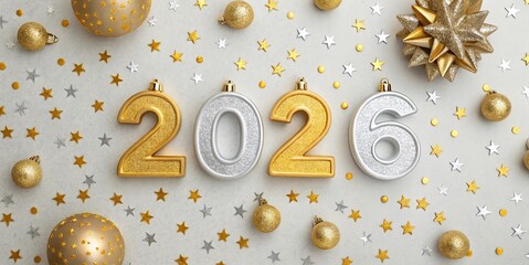 free New silver or Golden latter happy new year 2026 text and numbers with falling confetti isolated on colorful background