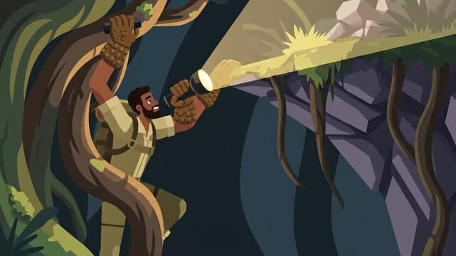 Adventurer Exploring a Mysterious Jungle Using Flashlight to Discover Unknown Secrets
