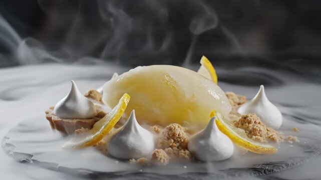 A fresh raw seashell and a clove of white garlic lie isolated on a brown plate as healthy cooking ingredients from the sea