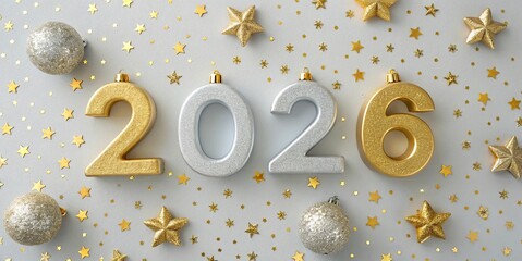 free New silver or Golden latter happy new year 2026 text and numbers with falling confetti isolated on colorful background