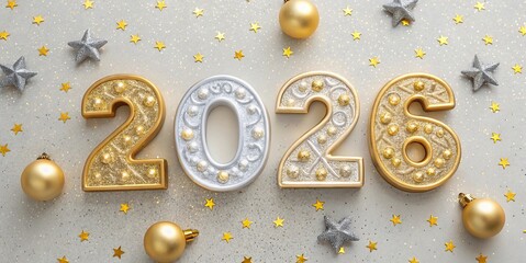 free New silver or Golden latter happy new year 2026 text and numbers with falling confetti isolated on colorful background
