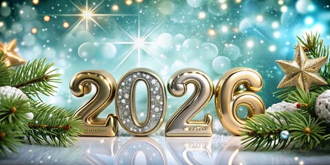 free New silver or Golden latter happy new year 2026 text and numbers with falling confetti isolated on colorful background