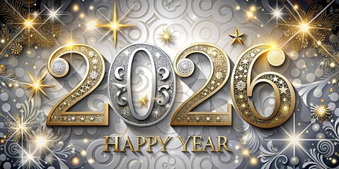 free New silver or Golden latter happy new year 2026 text and numbers with falling confetti isolated on colorful background