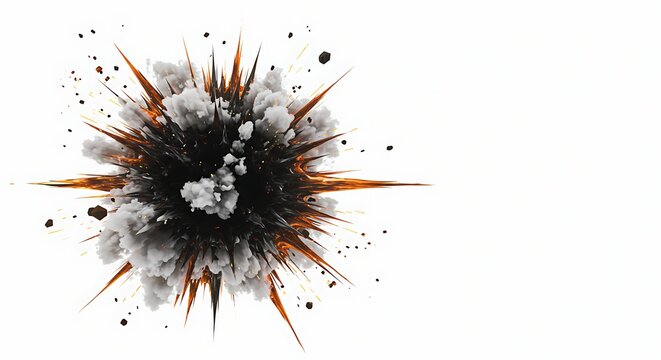 Captivating abstract explosion of dark fragments and fiery orange streaks on a pristine white canvas, symbolizing intense energy, sudden impact, and conceptual dynamism
