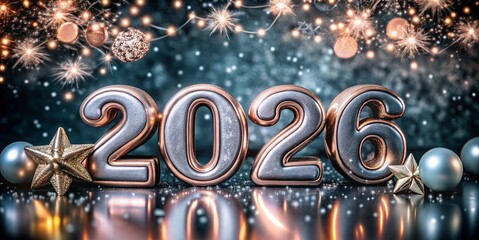 free New silver or Golden latter happy new year 2026 text and numbers with falling confetti isolated on colorful background