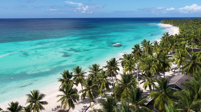 Isla Saona At Punta Cana In La Altagracia Dominican Republic. Caribbean Skyline. Beach Landscape. Native Coconut Trees. Isla Saona In Punta Cana In Dominican Republic. Nature Seascape.