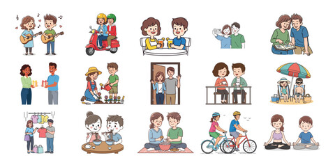 A collage of diverse cartoon scenes depicting family and friendship