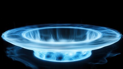 A perfectly formed blue magnetic levitation module glows with intense energy and light creating a futuristic ethereal ring against a dark background