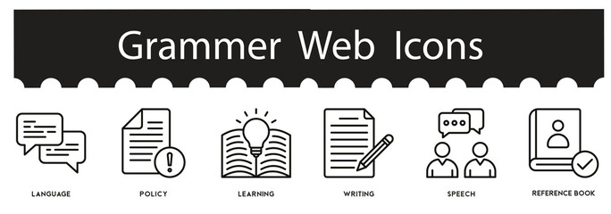 Obraz premium Grammar and Language Web Vector Icon Set Featuring Writing, Editing, Spelling, Punctuation, Sentence Structure, Proofreading, and Online Education Symbols, Grammar and Writing Tools Icon.