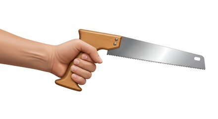 A strong human hand firmly gripping a classic woodworking hand saw, ready for precise cutting and DIY projects, symbolizing hard work and construction