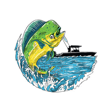 Illustration of a mahi-mahi fish with a fisherman on a boat, capturing an exciting sport fishing and ocean adventure scene. Suitable for fishing brands, sport fishing promotions