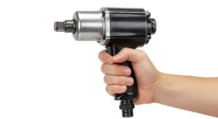 Naklejka premium Hand holding a powerful pneumatic impact wrench. Industrial tool for high-torque fastening and loosening in automotive and manufacturing environments
