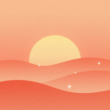 Minimal desert landscape with rising sun, soft pastel gradients and dreamy glowing sand dunes
