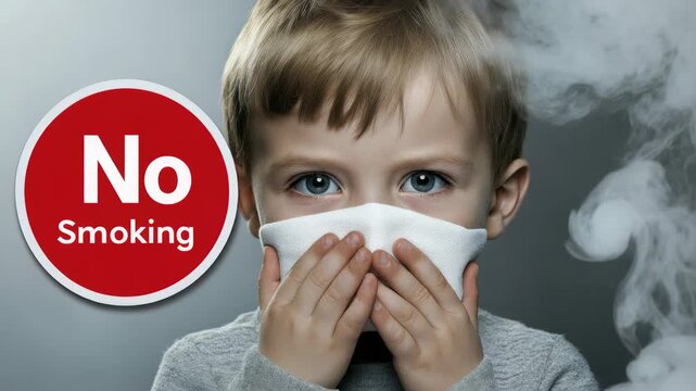 Young child covering face with a white mask from harmful tobacco smoke and air pollution near a prominent no smoking sign. Secondhand smoke poses a health risk to children.