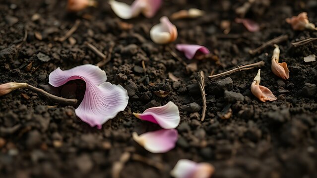 trampled. A garden soil surface with trampled flower petals and broken stems in soft daylight. ESG reports, sustainability campaigns, designed for sustainability communications and ESG reporting.