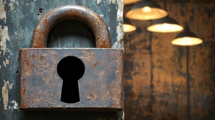A weathered rusty padlock with its keyhole visible against a dark background and illuminated ceiling lights