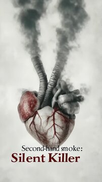 Human heart impacted by dark tobacco smoke representing a severe health risk of passive smoking and silent danger from second hand toxic air pollution, an unseen peril.
