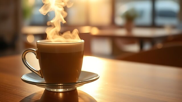 barista. A steaming hot latte on a cafe table bathed in warm morning light. bar promotions, beverage menus, packaging labels, designed for food & beverage menus and cafe branding, used by teachers.