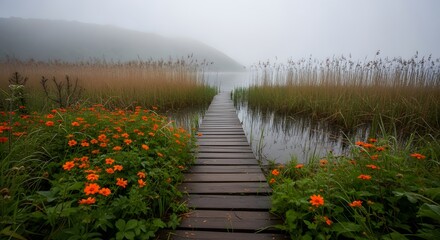 Wooden boardwalk path through a misty autumn forest landscape with lake and trees