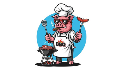 Cartoon Pig Chef with Sunglasses and Cigar Grilling BBQ Food on Grill