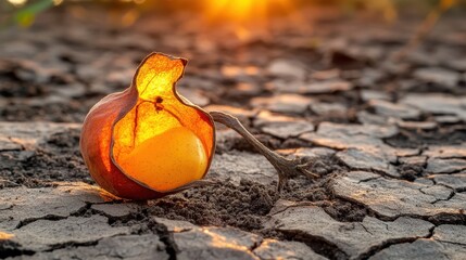 A dried physalis seed pod splitting open on cracked earth